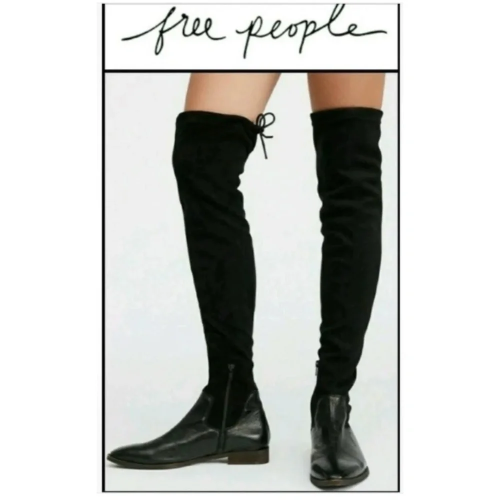Free People Bicoastal Over-the-Knee Boots Flat Black Suede Leather size 8 / 8.5